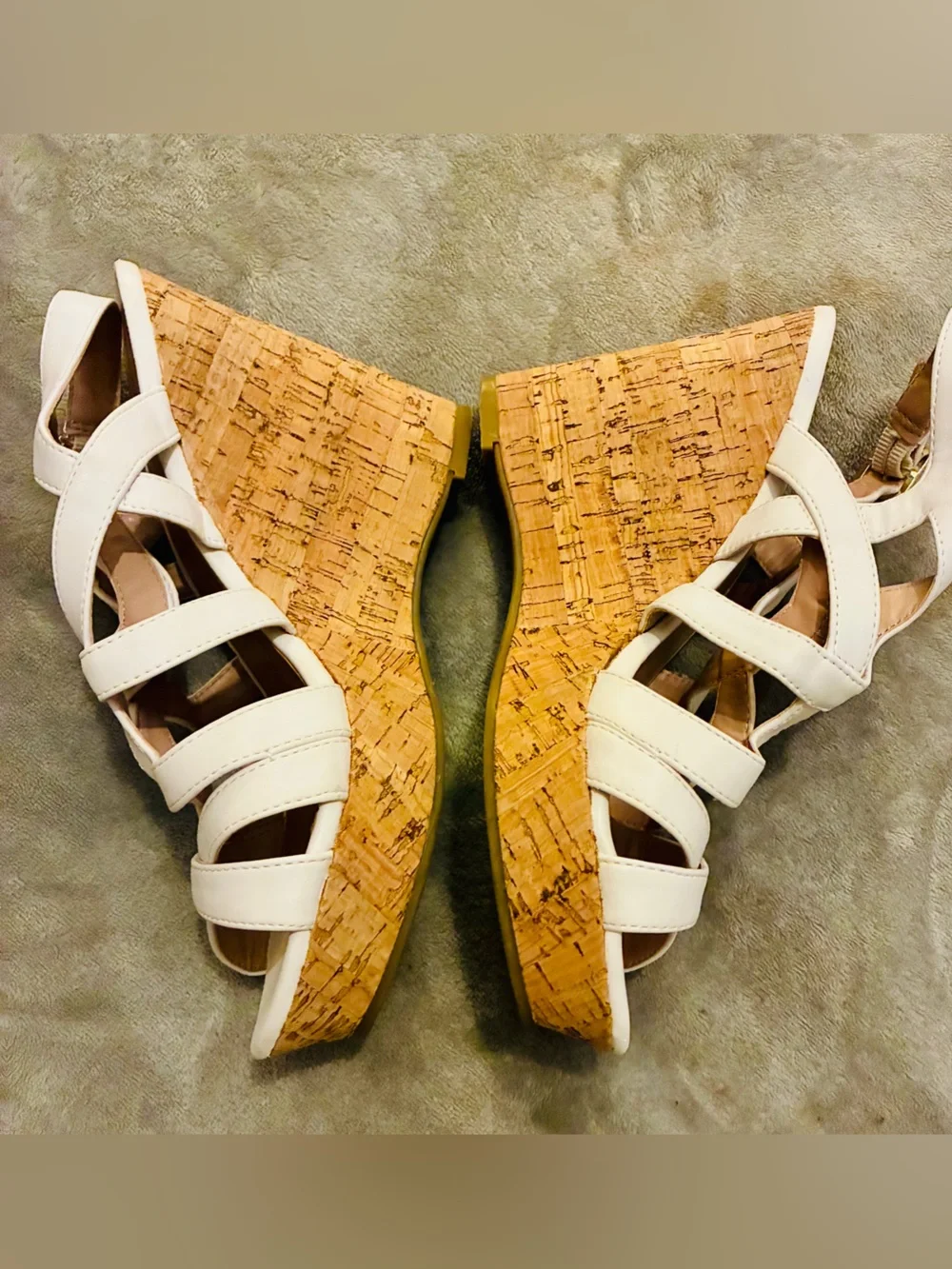 BCBGeneration Cream Strappy Cutout Wedge Sandals